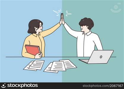 Happy businesspeople give high five celebrate shared success cooperating at computer in office. Smiling diverse business partners win or victory celebration. Teamwork concept. Vector illustration. . Happy businesspeople give high five for shared success