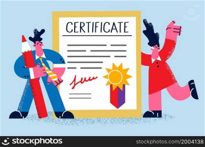 Happy businesspeople near certificate celebrate successful business school graduation. Smiling man and woman show health insurance certification. Official health protection. Vector illustration.. Happy people stand near certificate with seal stamp