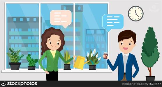 Happy businesspeople or office workers in modern office,break time and people chatting, european female watering plant in pot and male with coffee,interior with furniture,flat vector illustration