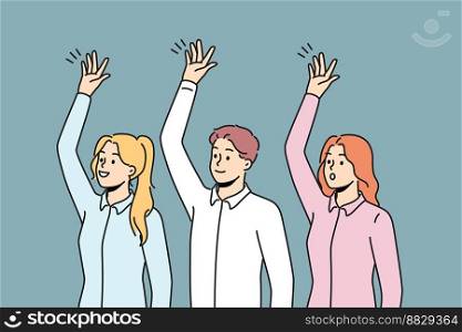 Happy businesspeople raise hands vote at workplace. Smiling employees engaged in teambuilding activity. Teamwork concept. Vector illustration. . Smiling businesspeople raise hands 