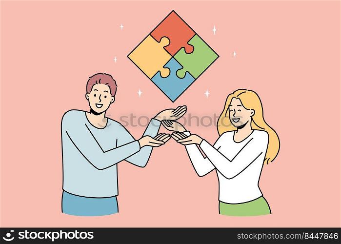 Happy businesspeople showing jigsaw puzzle coming to shared business conclusion or solution. Smiling colleagues solve problem. Teamwork and cooperation. Vector illustration.. Businesspeople showing solved jigsaw puzzle