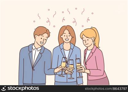 Happy businesspeople with glasses cheers celebrate shared win or victory in office. Smiling employees or colleagues have fun enjoy party or celebration in office. Vector illustration. . Smiling businesspeople with glasses celebrate in office 