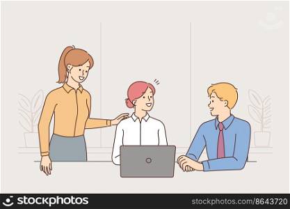 Happy businesspeople working together in office brainstorm at laptop. Smiling employees collaborate at computer at workplace. Teamwork. Vector illustration. . Smiling businesspeople collaborate on computer 
