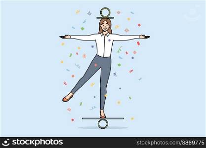 Happy businesswoman balancing cope with business problems at workplace. Smiling female employee or worker show balance at work. Vector illustration. . Smiling businesswoman balancing 