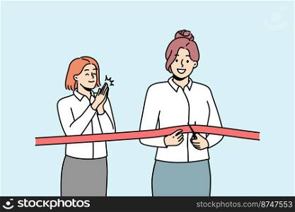 Happy businesswoman cuts red ribbon with scissors accompanied by applause. Opening ceremony of restaurant, shop, company. Tradition of starting important event. Vector outline colorful illustration.. Happy businesswoman cuts red ribbon with scissors.