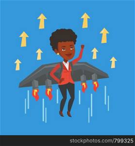 Happy businesswoman flying on the business start up rocket. An african-american business woman flying with a jet backpack. Business start up concept. Vector flat design illustration. Square layout.. Happy business woman flying on rocket to success.