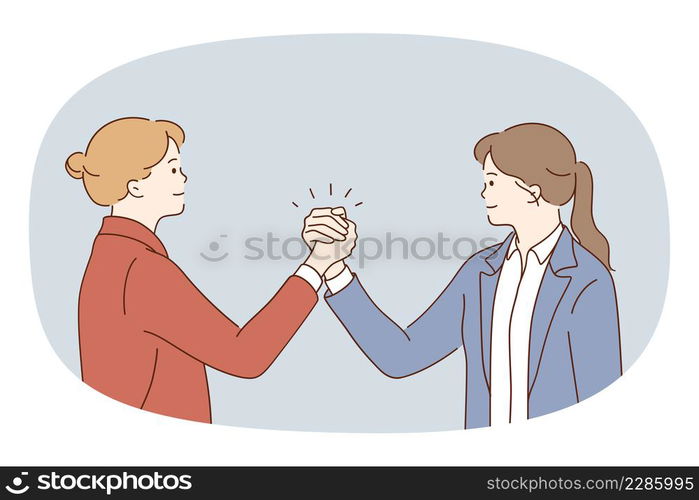 Happy businesswoman hold hands make business deal after negotiation in office. Smiling women with clenched fists measure power or strength. Leadership and rivalry. Vector illustration. . Happy businesswomen hold hands having competition