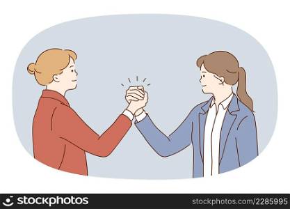 Happy businesswoman hold hands make business deal after negotiation in office. Smiling women with clenched fists measure power or strength. Leadership and rivalry. Vector illustration. . Happy businesswomen hold hands having competition