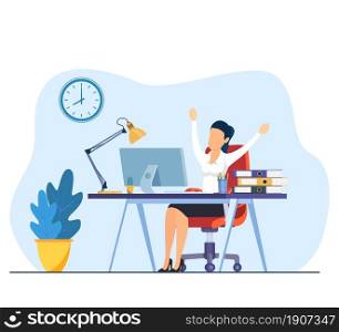 happy businesswoman raising hands expressing success effective time management concept business woman sitting workplace modern office interior. Vector illustration in flat style. happy businesswoman raising hands