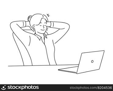 Happy businesswoman relax in chair in office distracted from computer work. Smiling female employee take nap daydream at desk at workplace. Vector illustration. . Happy businesswoman relax in office 