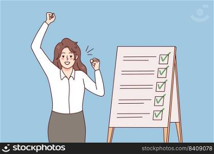 Happy businesswoman triumph with business tasks succeed. Smiling woman employee complete to do list. Schedule and time management and organization. Planner. Vector illustration.. Happy woman finish to do list