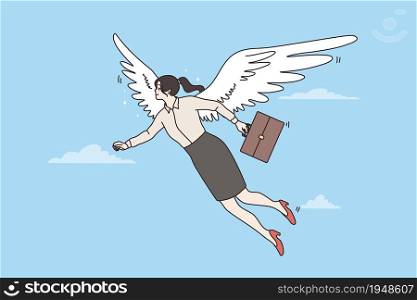 Happy businesswoman with wings behind her back fly motivated by career success or promotion. Excited woman employee goal achievement accomplishment. Employment. Flat vector illustration.. Happy businesswoman fly on wings of success