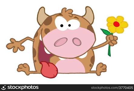 Happy Calf Cartoon Character With Flower