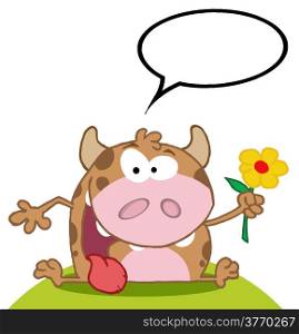 Happy Calf Cartoon Character With Flower With Speech Bubble