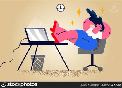 Happy calm businesswoman sit at desk in office relax daydream during working day. Relaxed woman employee rest at workplace take nap or break. Stress free. Flat vector illustration. . Happy businesswoman relax in chair in office