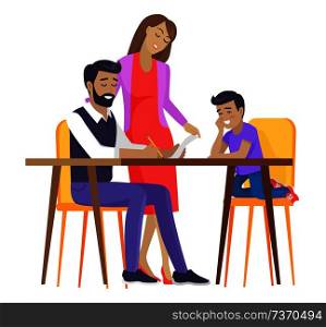 Happy calm family isolated on white poster, vector illustration of joyful father, mother and small son which together planning future, making homework. Happy Calm Family Isolated on White Poster Vector