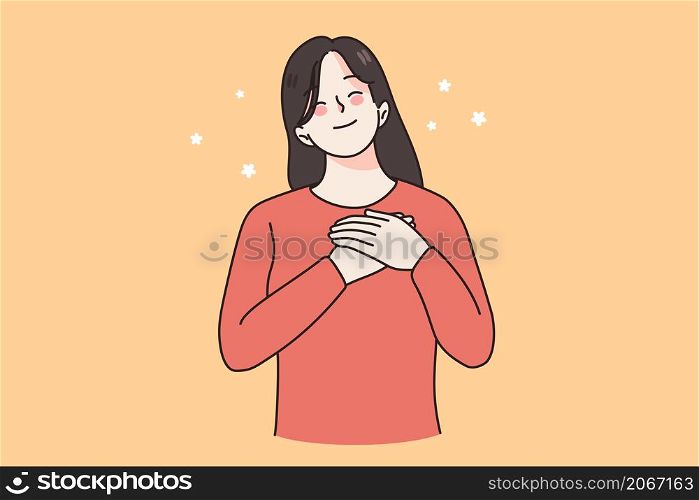 Happy calm young woman hold keep hands at chest feel grateful and thankful at heart. Smiling girl show love, compassion and care. Superstition and faith. Female believer. Vector illustration. . Happy woman hold hands at chest feel grateful