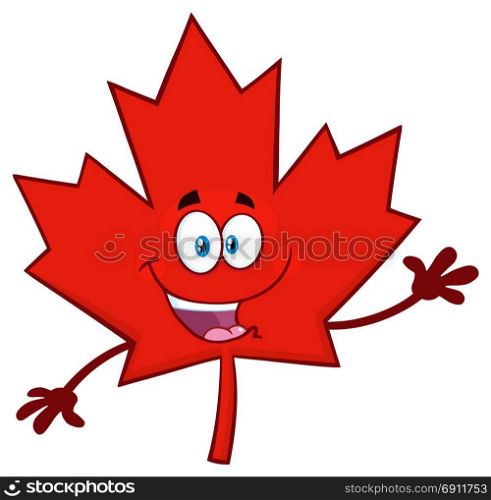 Happy Canadian Red Maple Leaf Cartoon Mascot Character Waving For Greeting. Illustration Isolated On White Background