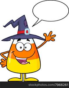 Happy Candy Corn Cartoon Character With A Witch Hat Waving