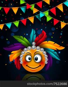 Happy Carnival Festive Banner, Smile Emoji with Headdress - Illustration Vector. Happy Carnival Festive Banner, Smile Emoji with Headdress