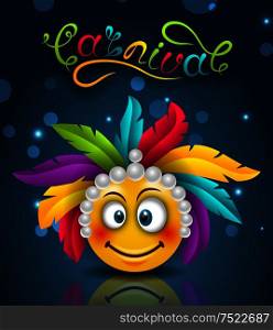 Happy Carnival Festive Lettering, Smile Emoji with Feather Headdress - Illustration Vector. Happy Carnival Festive Lettering, Smile Emoji with Feather Headdress
