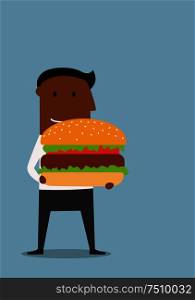 Happy cartoon african american businessman carrying a huge hamburger with beef and fresh vegetables. Fast food or business lunch concept design. Businessman with large appetizing hamburger