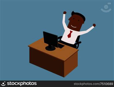 Happy cartoon african american businessman looking at computer and raising arms, for goal achievement or victory concept design. Happy cartoon businessman working in office