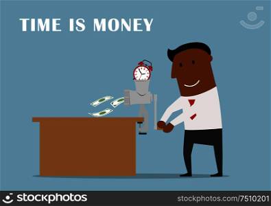 Happy cartoon african american businessman making money from alarm clock with retro grinder. The time is money or time management concept. Businessman making money from a time