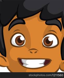 Happy cartoon afro-american or arab boy face. Vector illustration of a little kid face avatar. Portrait of a boy smiling