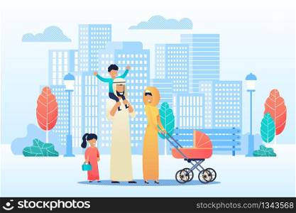 Happy Cartoon Arab Family Spend Time Together. Mother, Father and Diverse Preschool Children in National Clothes Strolling with Baby Carriage in Urban Park. Flat Vector Cityscape Illustration. Happy Cartoon Arab Family Spend Time Together