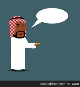 Happy cartoon arabian businessman standing with golden dollar coins in hands and blank speech bubble above head. Bonus, payment, wealth or corruption concept . Arabian businessman with money and speech bubble