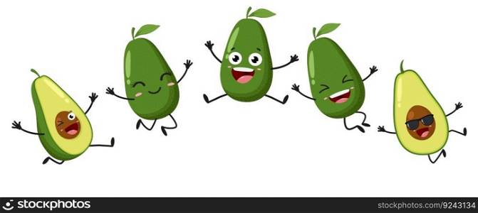 Happy cartoon avocado jumping with many expression 