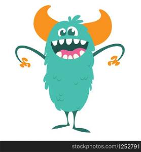 Happy cartoon bigfoot character. Vector illustration of funny blue hairy monster. Halloween design