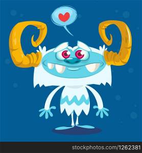 Happy cartoon bigfoot in love. Halloween vector yeti character with white fur and horns isolated on blue background
