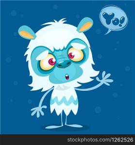 Happy cartoon bigfoot with speech bubble. Halloween vector yeti character with white fur and horns isolated on blue background