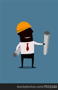 Happy cartoon black engineer in safety helmet with blueprints, for industrial design. Cartoon engineer or builder with blueprints