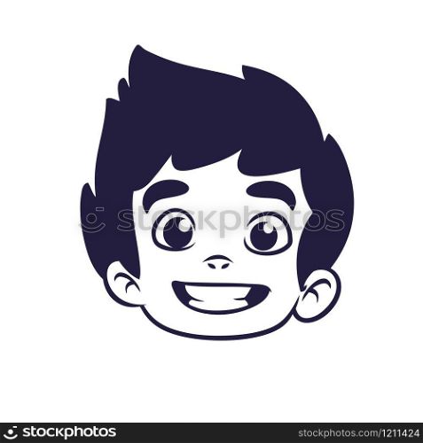 Happy cartoon boy head outline. Vector illustration for coloring book of a small boy emblem. Cartoon little boy head smile