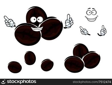 Happy cartoon brown coffee beans overlapping each other with a smiling face and arms. For food and drinks themes design. Happy brown coffee beans character