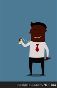 Happy cartoon businessman in shirt using a deodorant for body care. Hygiene theme concept. Happy businessman using a deodorant for body care