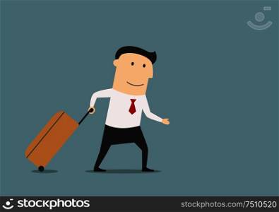 Happy cartoon businessman with suitcase luggage going for vacation, for relax or travel theme design. Businessman with suitcase going for vacation