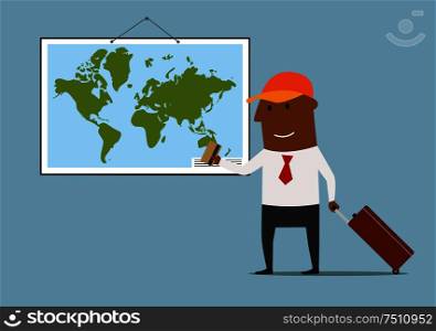 Happy cartoon businessman with suitcase standing near world map and planning vacation bank credit card in hand. Great for travel and tourism theme concept