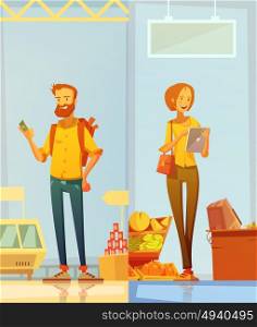 Happy Cartoon Buyers Vertical Banners . Happy cartoon buyers two vertical banners with man and woman standing in supermarket interior with gadgets in their hands flat vector illustration