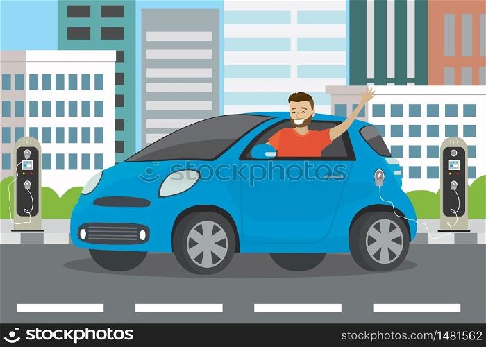 Happy cartoon caucasian male rides in blue electric car and electric charging stations,city view on background,flat vector illustration. Happy cartoon caucasian male rides in blue electric car and elec