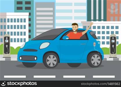 Happy cartoon caucasian male rides in blue electric car and electric charging stations,city view on background,flat vector illustration. Happy cartoon caucasian male rides in blue electric car and elec