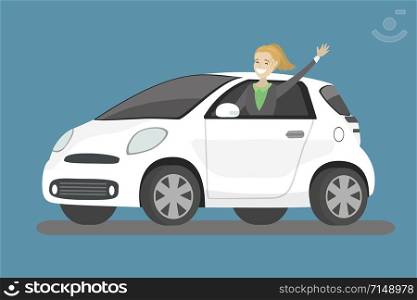Happy cartoon caucasian woman rides in white car,flat vector illustration. Happy cartoon caucasian woman rides in white car