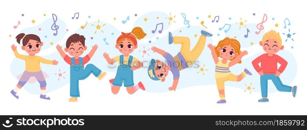 Happy cartoon children group dancing and jumping together. Fun active kid friends play. Kindergarten characters at dance party vector banner. Boys and girls having fun, listening to music