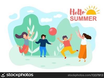 Happy Cartoon Children Play Ball Sunny Summer Day in Park Vector Illustration. Nature Recreation, Spring Holidays, Sport Activity Outdoors. Childhood, Family Vacation, Frienship, Baby Leisure. Cartoon Children Play Ball Sunny Summer Day Park