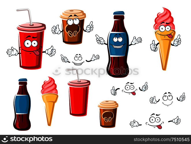 Happy cartoon coffee and soda beverages in takeaway paper cups, strawberry ice cream cone and bottle of soft drink, for fast food or dessert design. Coffee and soda cups, drink, ice cream