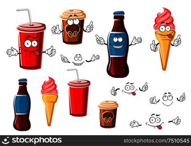 Happy cartoon coffee and soda beverages in takeaway paper cups, strawberry ice cream cone and bottle of soft drink, for fast food or dessert design. Coffee and soda cups, drink, ice cream