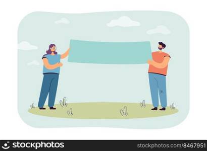 Happy cartoon couple holding blank banner together. Husband and wife showing advertisement flat vector illustration. Presentation, marketing concept for website design or landing web page